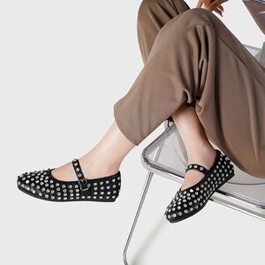 Women Flat Black Rhinestone Ballet Flat Size 7 Buckle Strap Mary Jane Shoe NEW